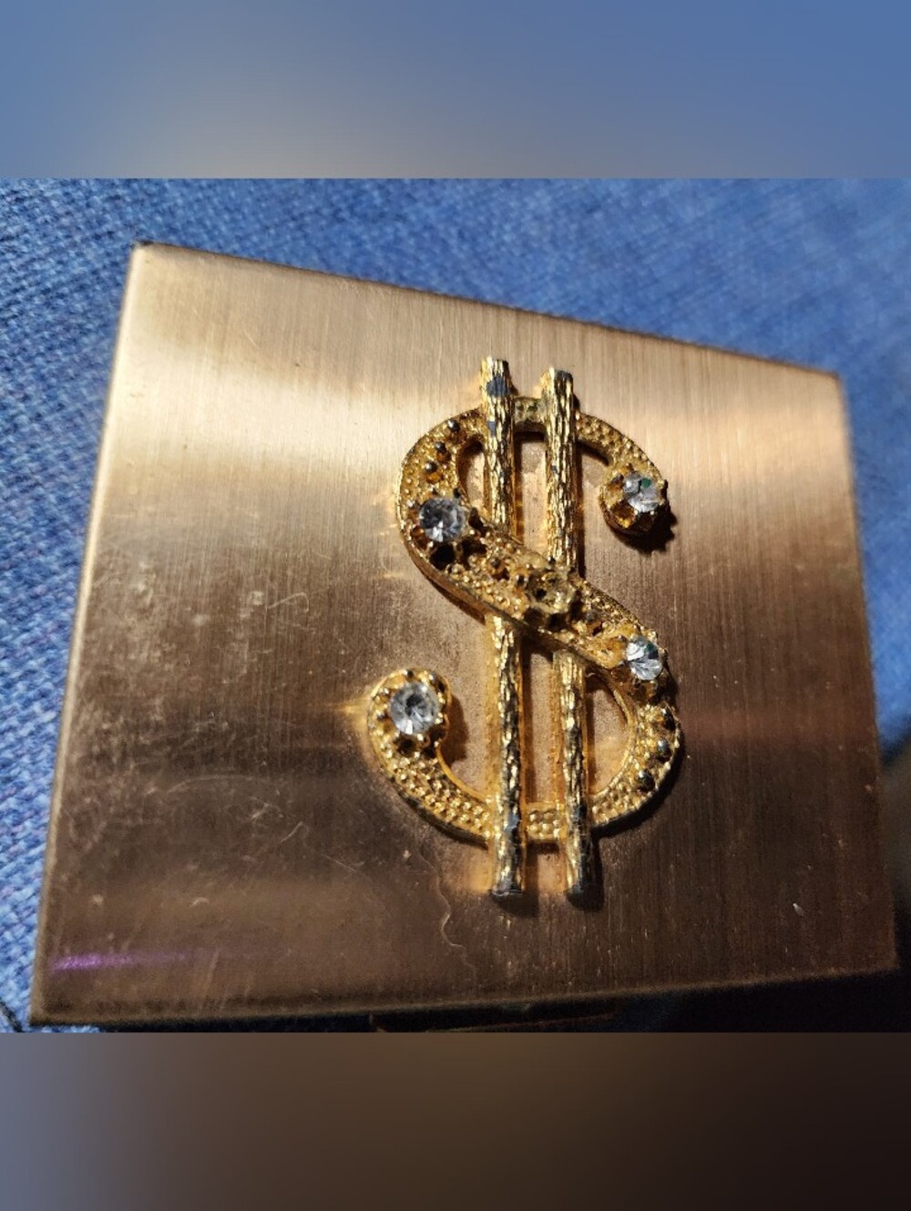 Vintage Gold-Tone Dollar Sign Bill & Coin Holder with Crystal Rhinestones